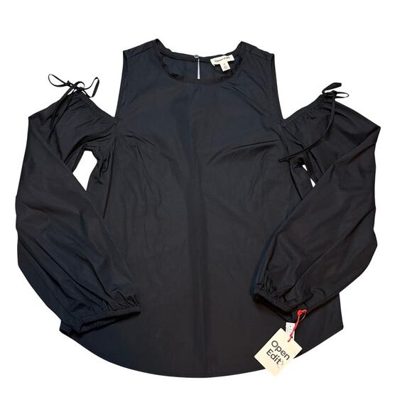 NWT Open Edit Black Cold Shoulder Puff Sleeve Cotton Blouse Top M - Picture 5 of 8